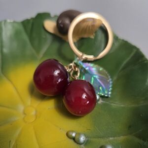 Cherry Keychain with Iridescent Leaf Charm, NEW
